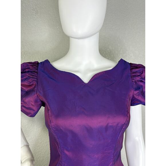 Vintage 80s Alfred Angelo Midi Dress Puff Slv Iridescent Purple Taffeta Prom S - Picture 3 of 12